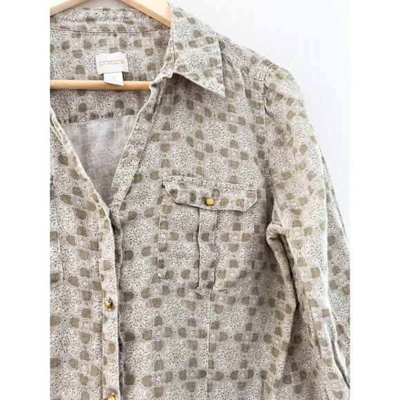 Chico's 100% Linen Button Down Blouse sz Medium Lagenlook Medallion 3/4 Sleeve - Picture 4 of 6